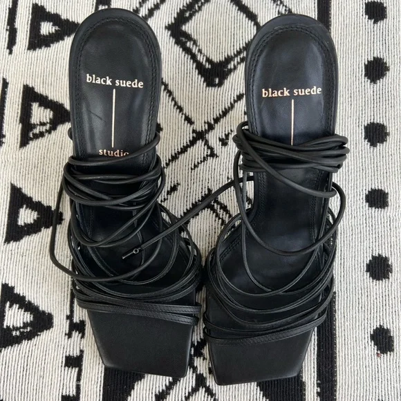 Black Suede Studio Black lace up square toe Strappy Sandal heels Size 37.5 (7.5) - Picture 7 of 9